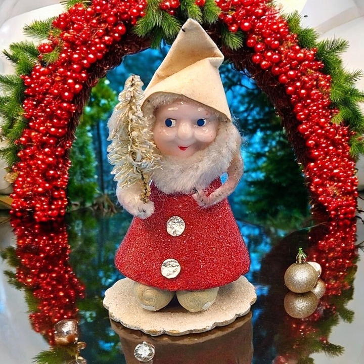 Putz Elf Ornament Bottlebrush Tree Red Mica Snow Flocked Hat Celluloid Face 1950