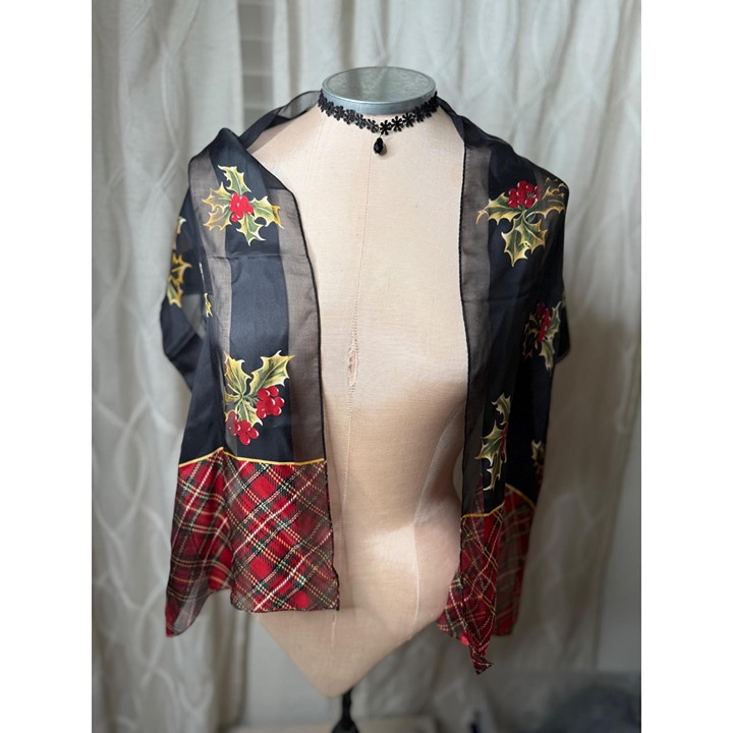 VTG 90s Lauren Ralph Lauren Silk Black Red Holly Plaid Sheer Scarf Old money