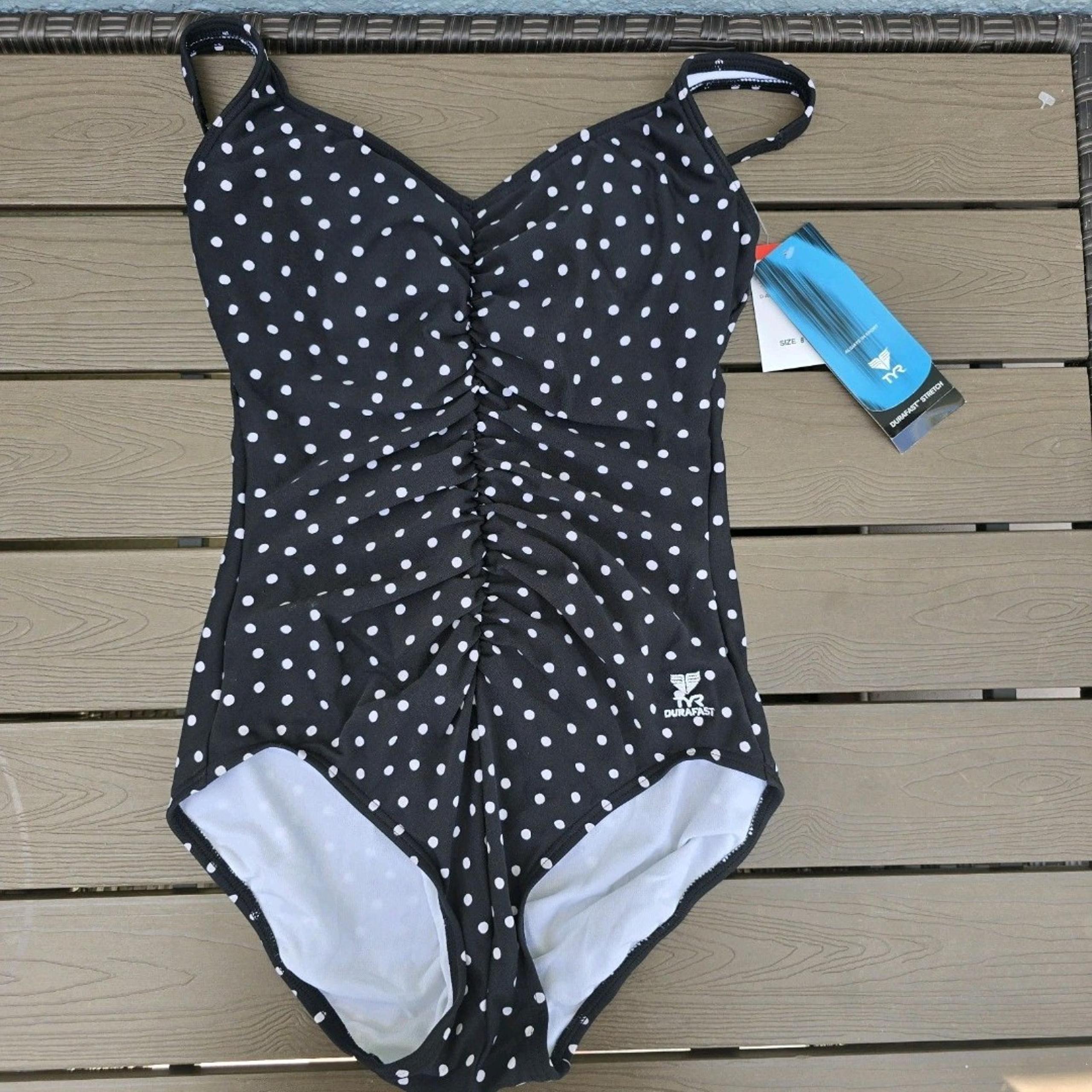 TYR Women's Black Polka Dot Front Shird Tank One Piece Bathing Suit Sz 8 NWT