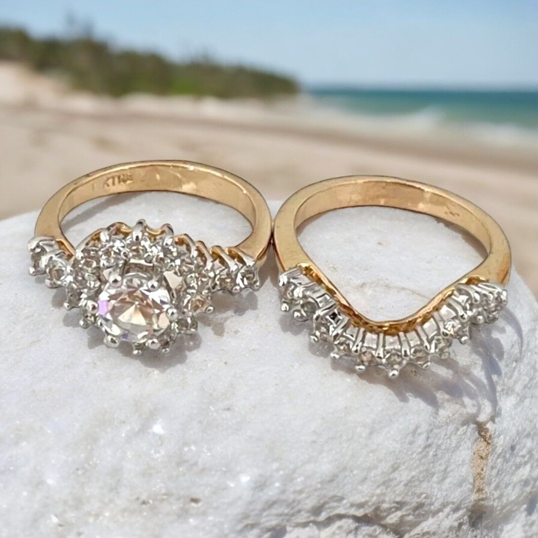 Vintage Wedding Ring Set Size 5 Cubic Zirconia 14K Gold Plate MCM Bridal 14S