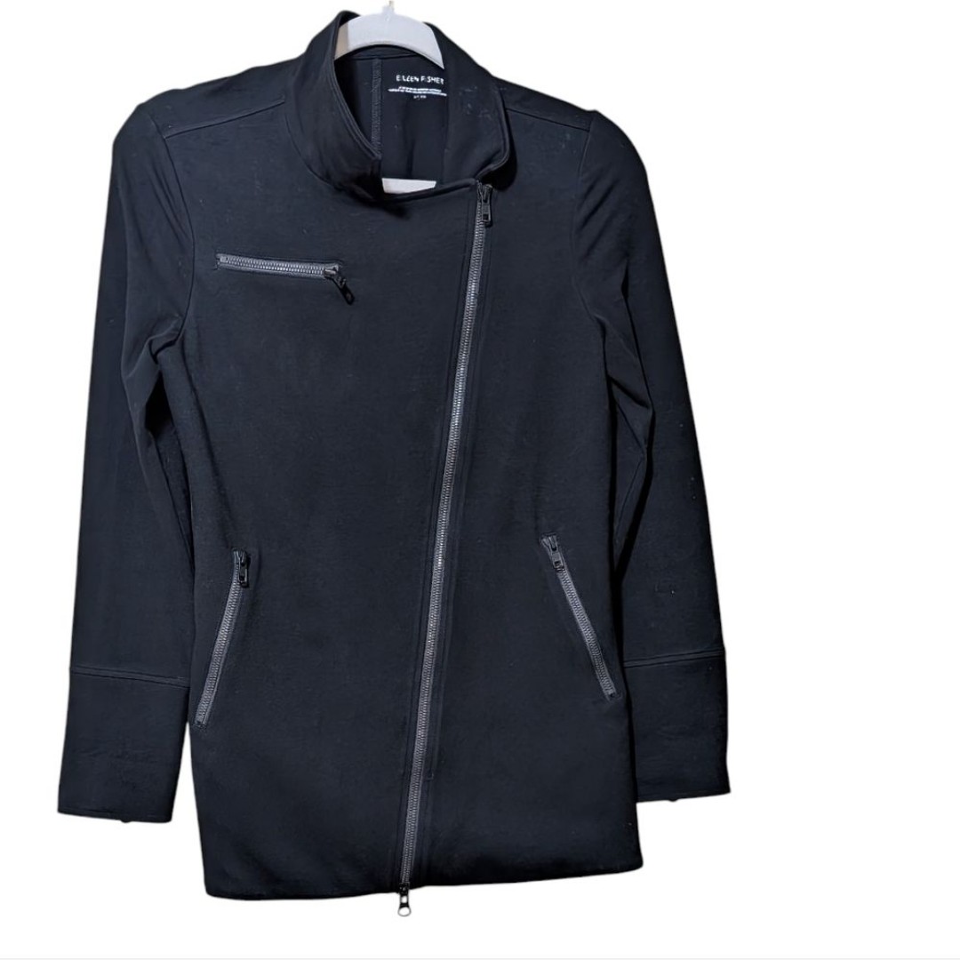 Eileen Fisher full zip moto jacket size XS black organic cotton Asymmetrical