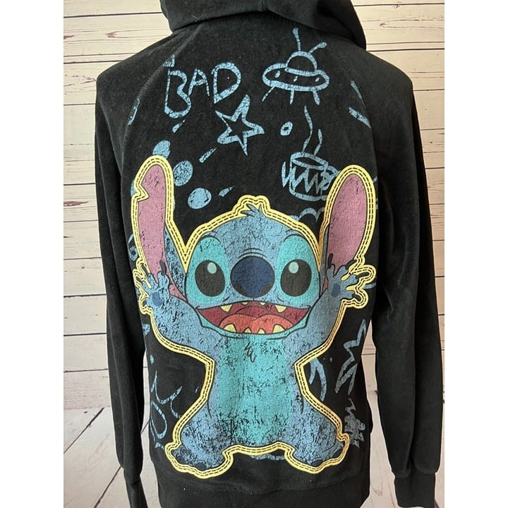 Disney Parks Stitch Hoodie sweatshirt Medium Black Velour Full Zip Jacket WDW