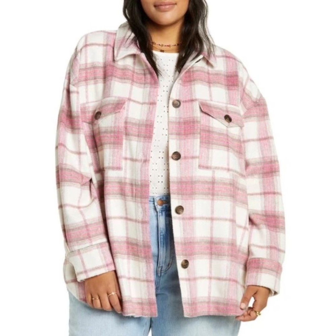 NWT BP Nordstrom Plaid Brushed Shacket Coat, Ivory Pink Pinky Plaid - Size L