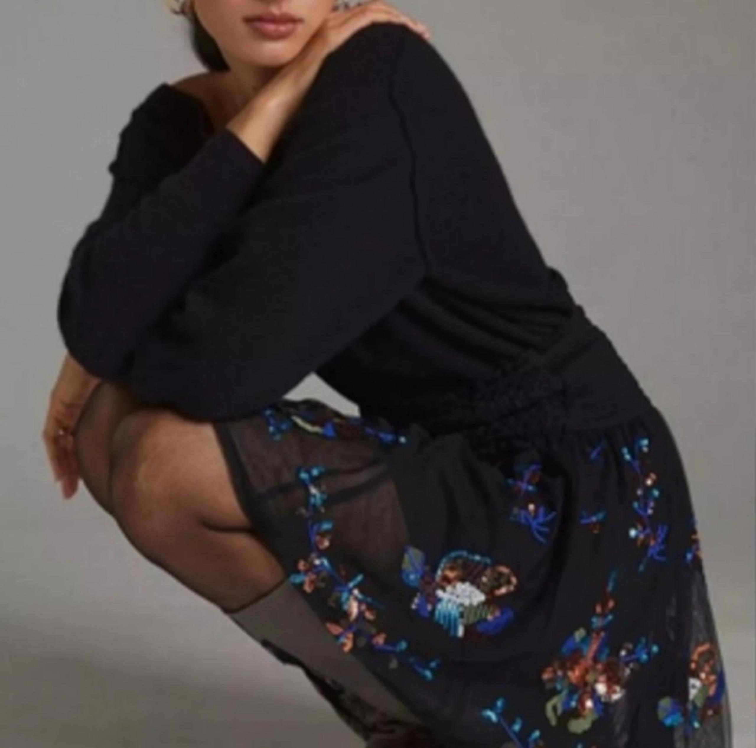 Anthropologie Black Sequin Tulle Full Skirt Small