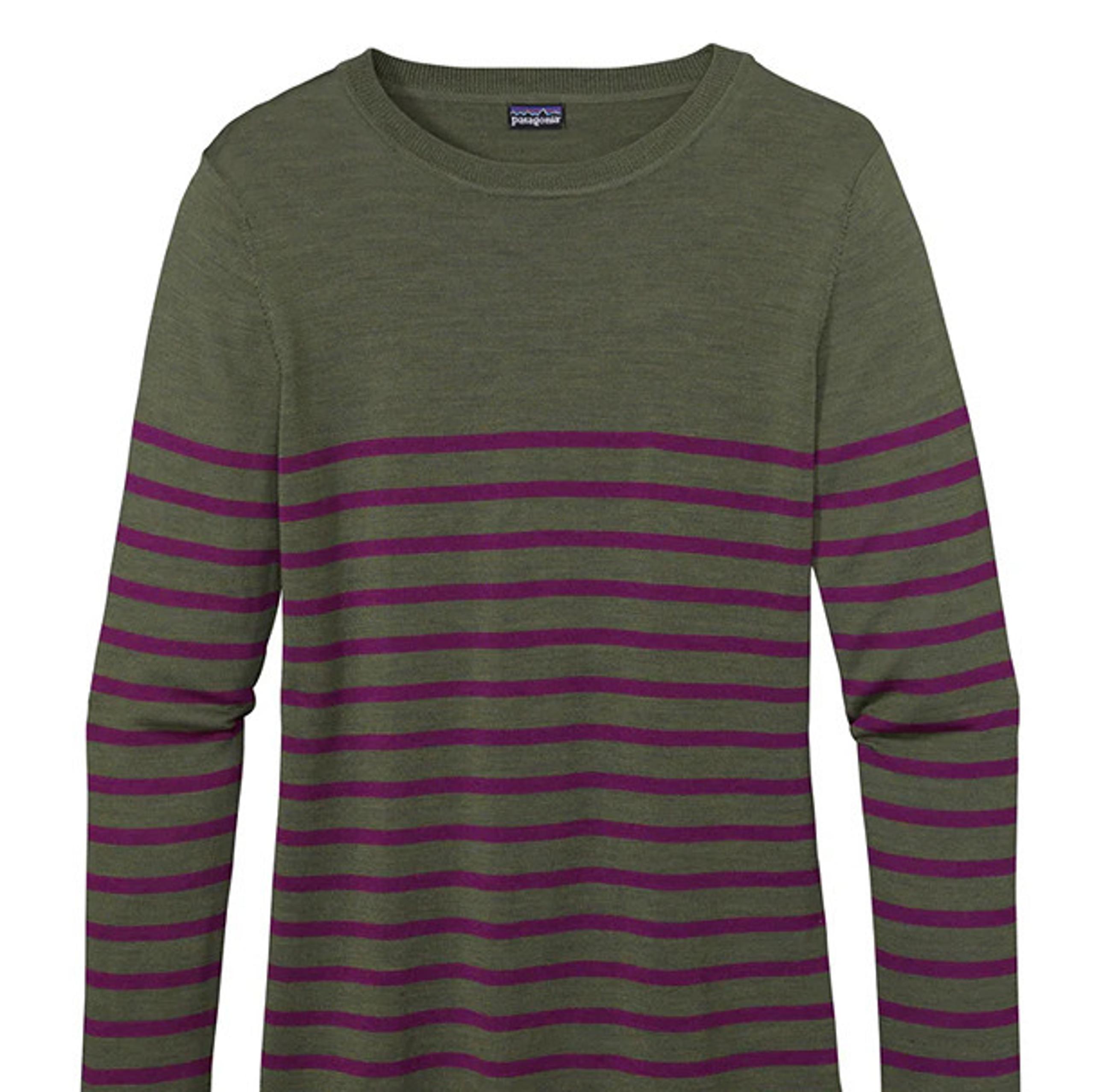 Patagonia 100% Merino Crew Neck Sweater Jersey Knit Green Purple Stripe Womens L