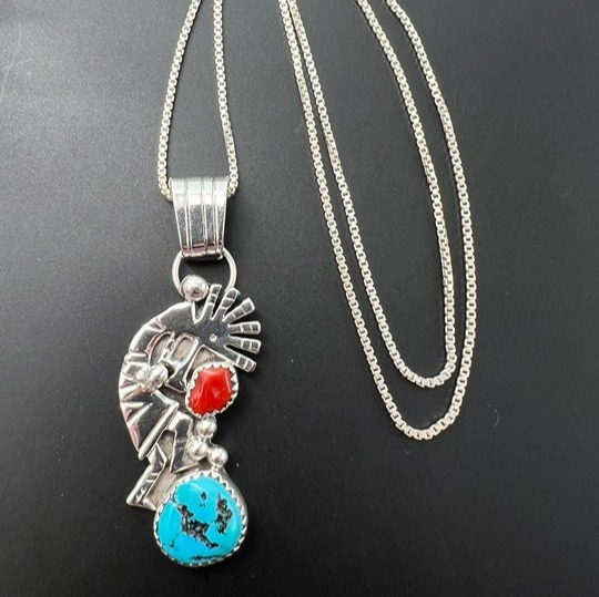 RUNNING BEAR KOKOPELLI STERLING SILVER 925 TURQUOISE CORAL PENDANT NECKLACE 18
