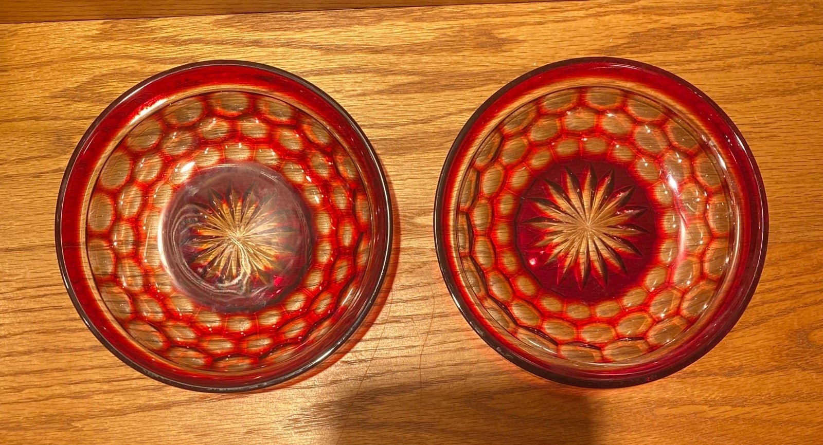 Antique Bohemian Flashed Red to Clear Hand Blown Faceted Cut Crystal