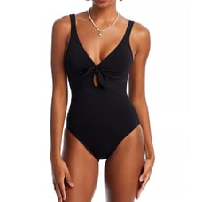 Robin Piccone Ava Plunge Neck Tie-Front One Piece Swimsuit Size 14 Black