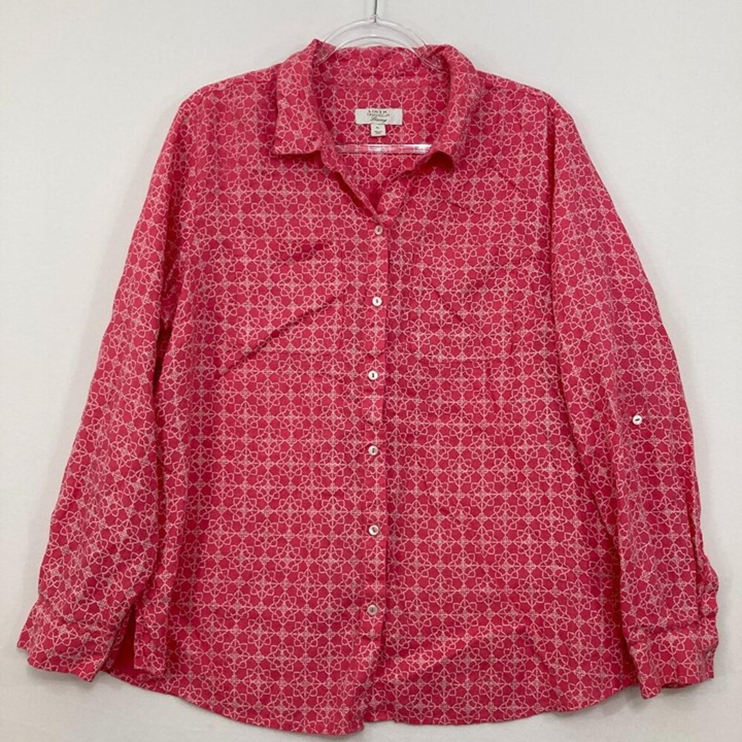 Charter Club size XL Red/Pink Geometric Print 100% Linen Button Down