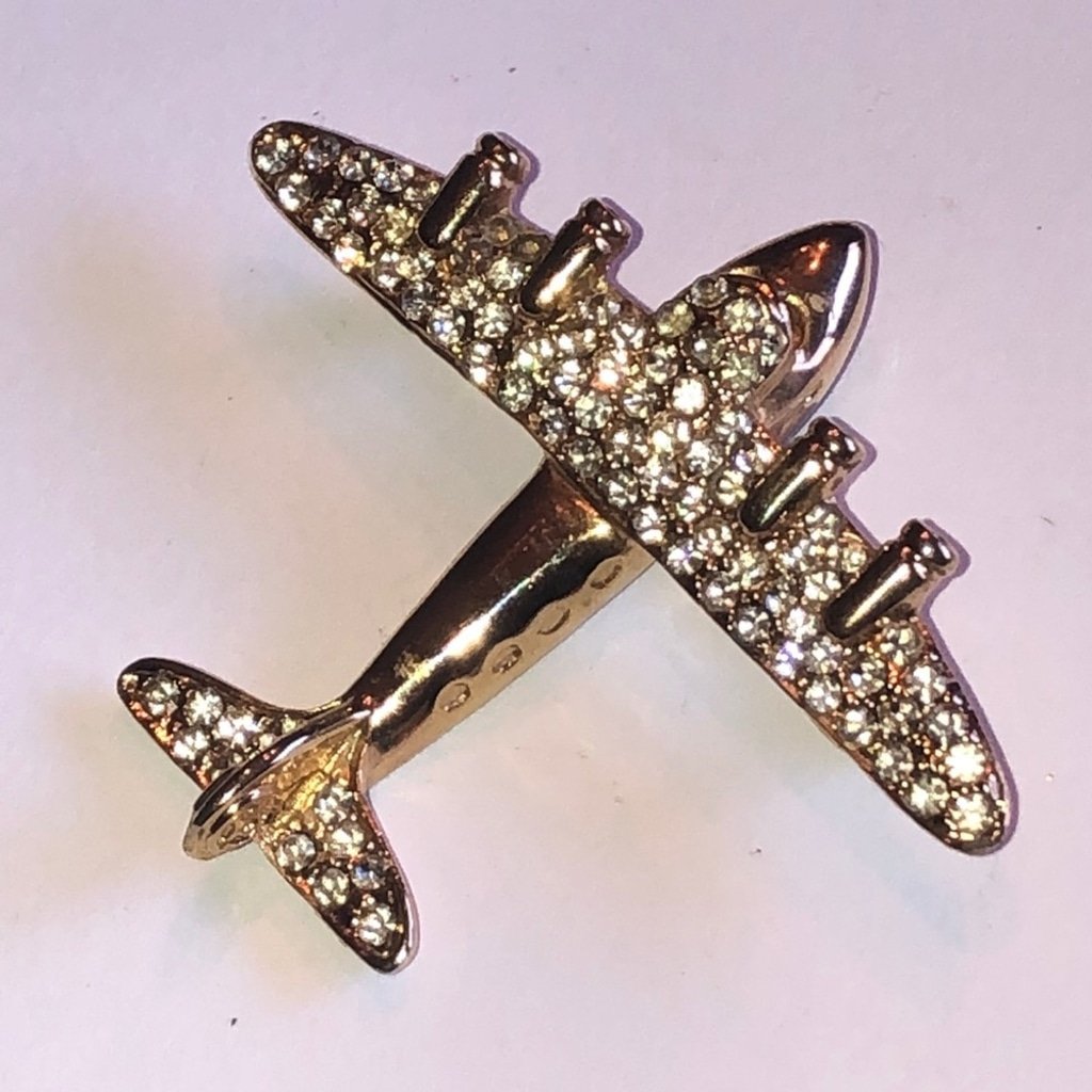 Vintage Gold Tone CZ Rhinestone Plane Airplane Retro Boho Brooch Shoulder Pin