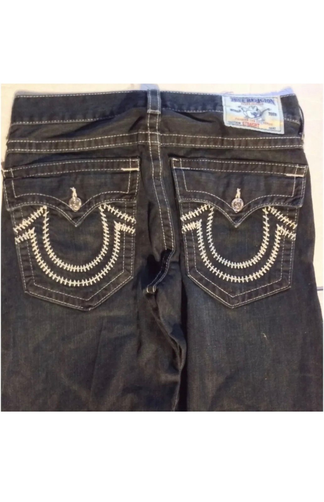 Mens True Religion Straight Dark Wash Distressed Destroyed Boots Jeans 33 x 36