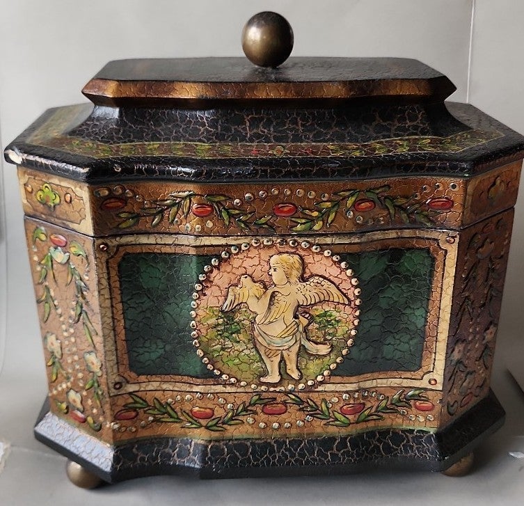 Vtg Wooden Box w Cherubs Angel Floral Design Handpainted Storage