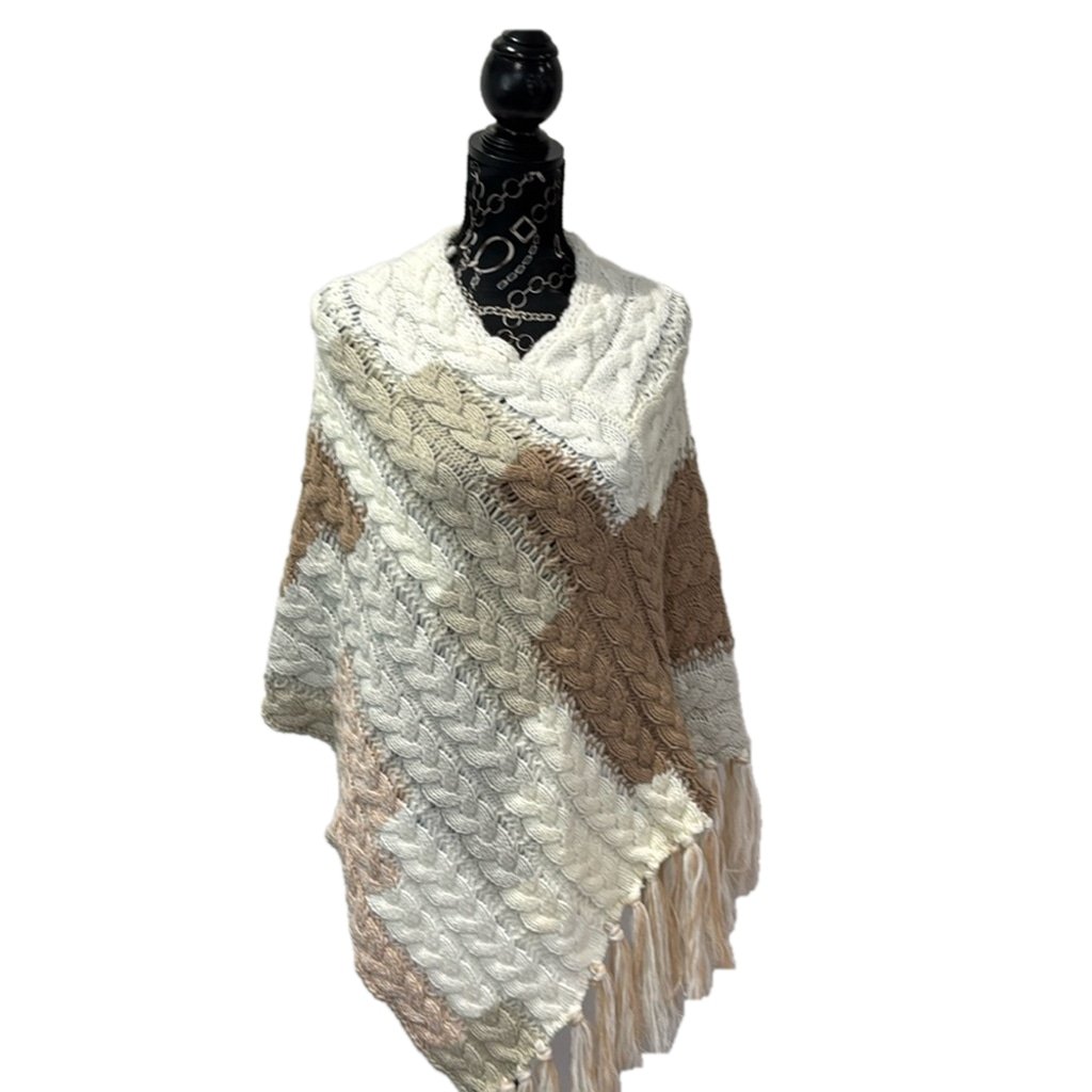 Free People Crotched Shawl Poncho Cream Tan Ombre Fringed NWOT One Size