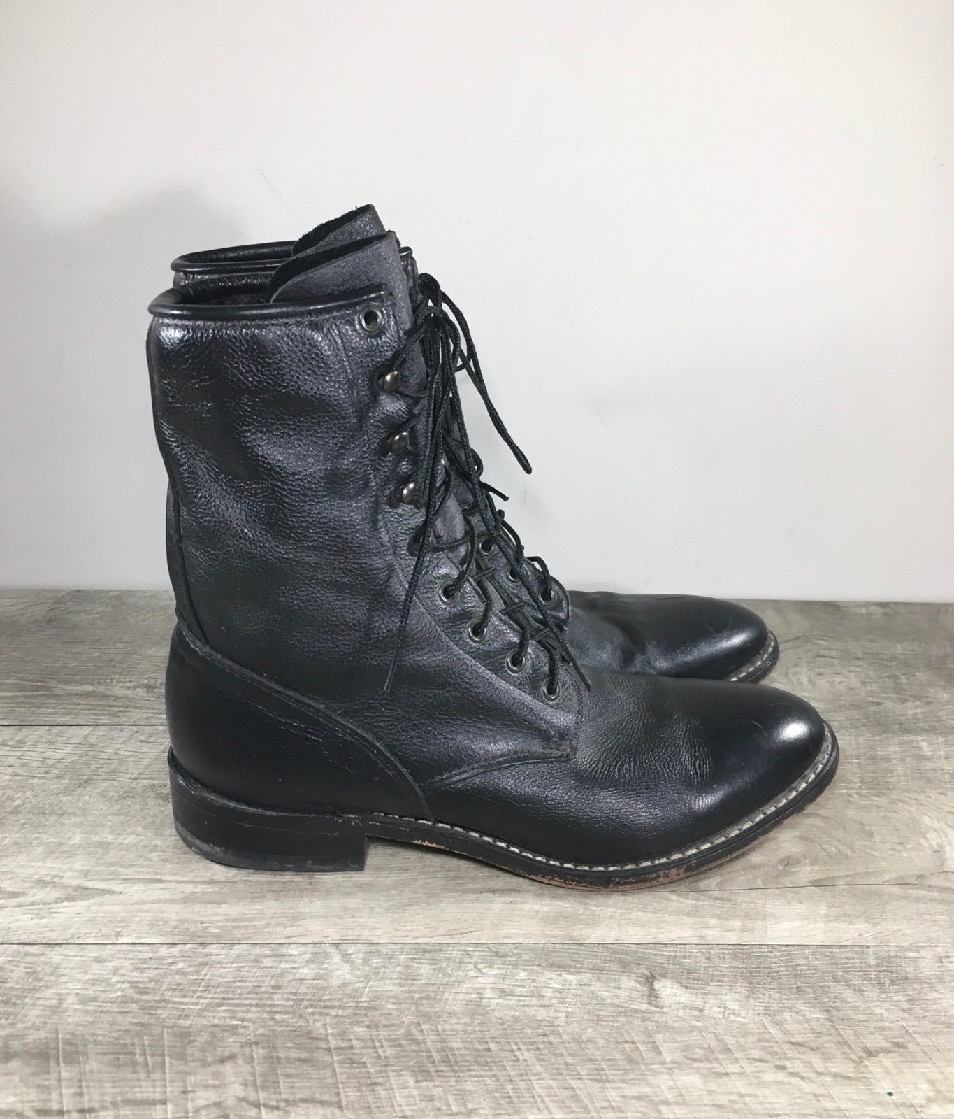 Vintage Durango 1990s Black Leather Packer Western Boots Lace Up Cowboy Roper 11