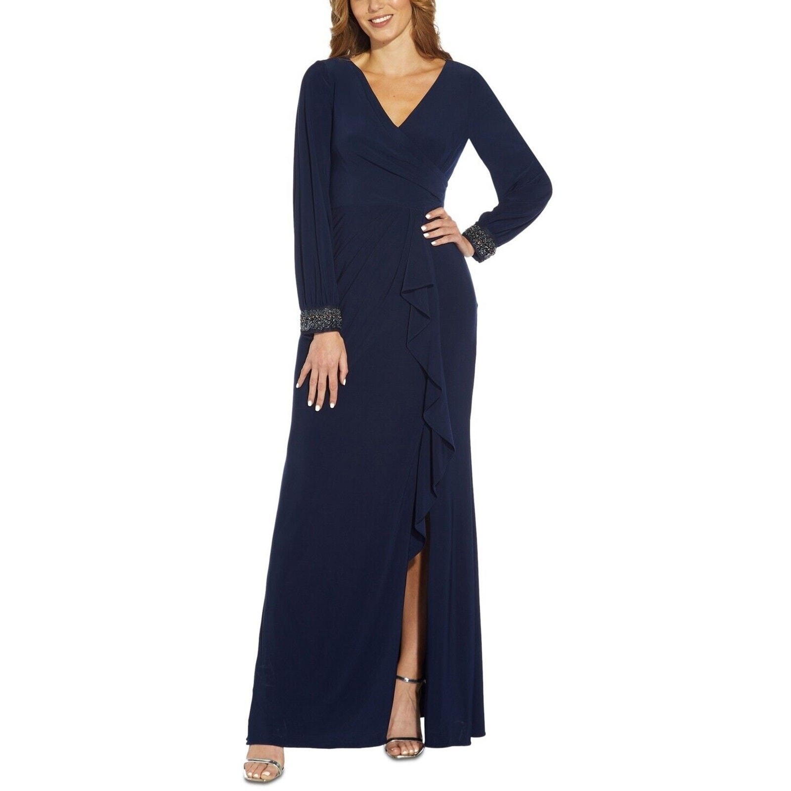 Adrianna Papell Women's Draped Jersey Beaded Gown Midnight Blue Size 6
