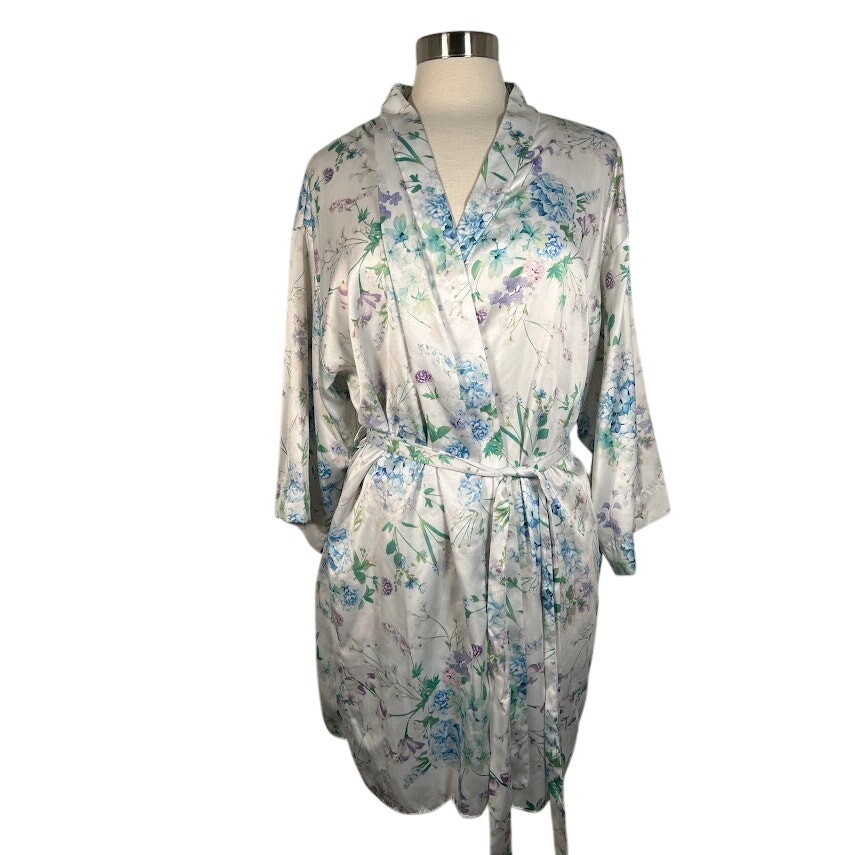 Flora Nikrooz Women's Satin Robe XL White Blue Green Floral Tie Waist