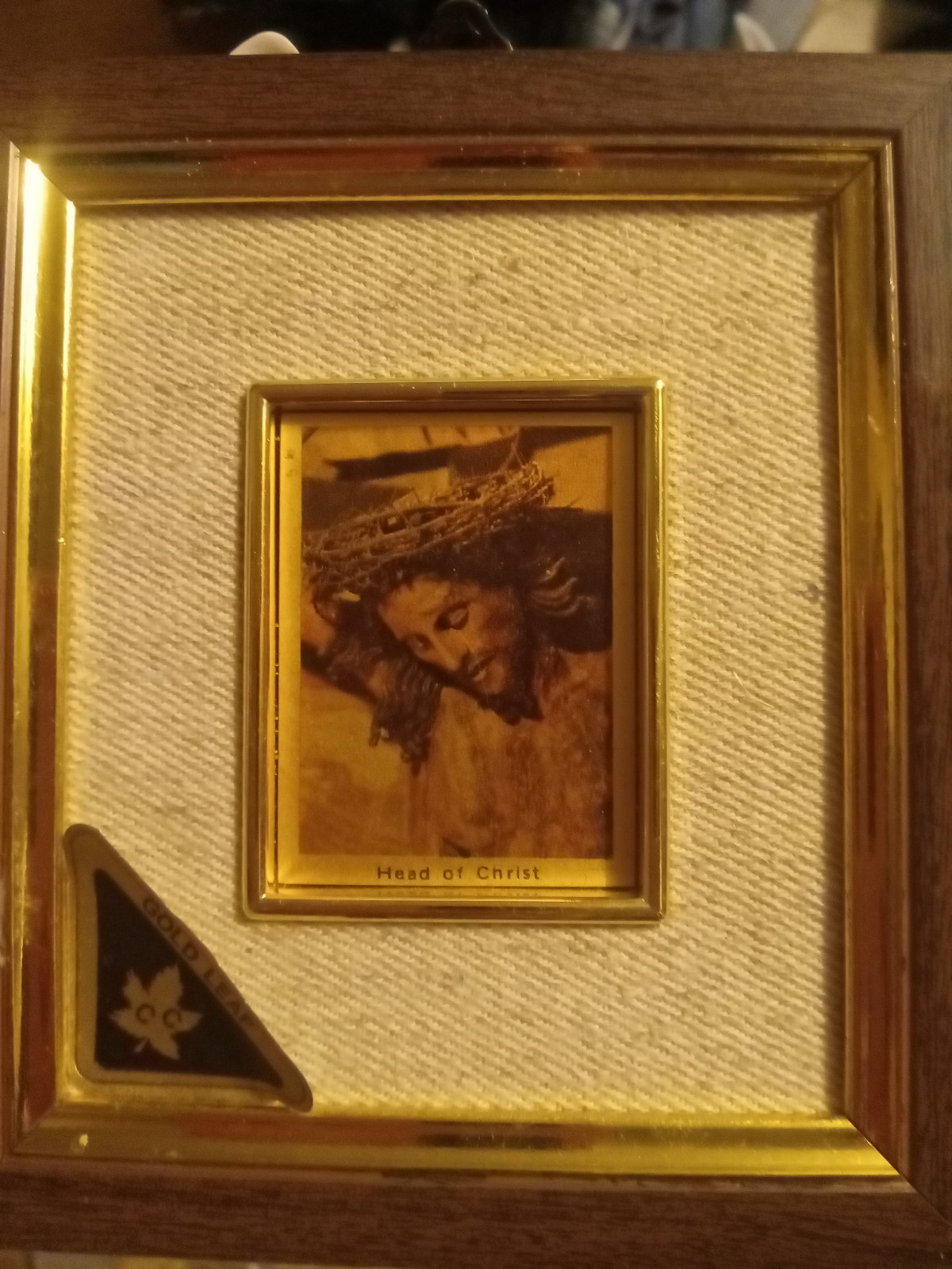 Photo of head of christ ,gold trim,with hemp bak ground,made in italy,creazioni