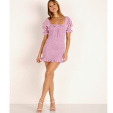Faithful The Brand Annibelis Linen Puff Sleeve Smocked Mini Dress Pink Purple 6