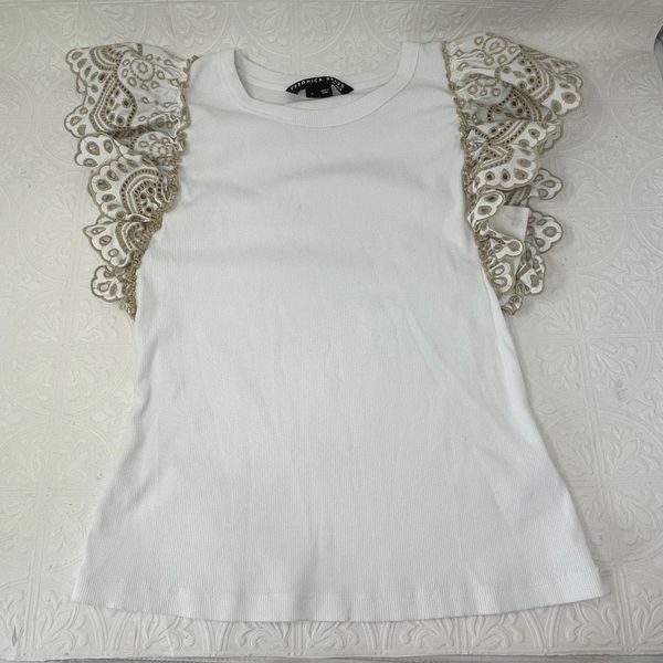 Veronica Beard White Light Khaki Ribbed Ruffled Eyelet Sleeve Julianka Top Small