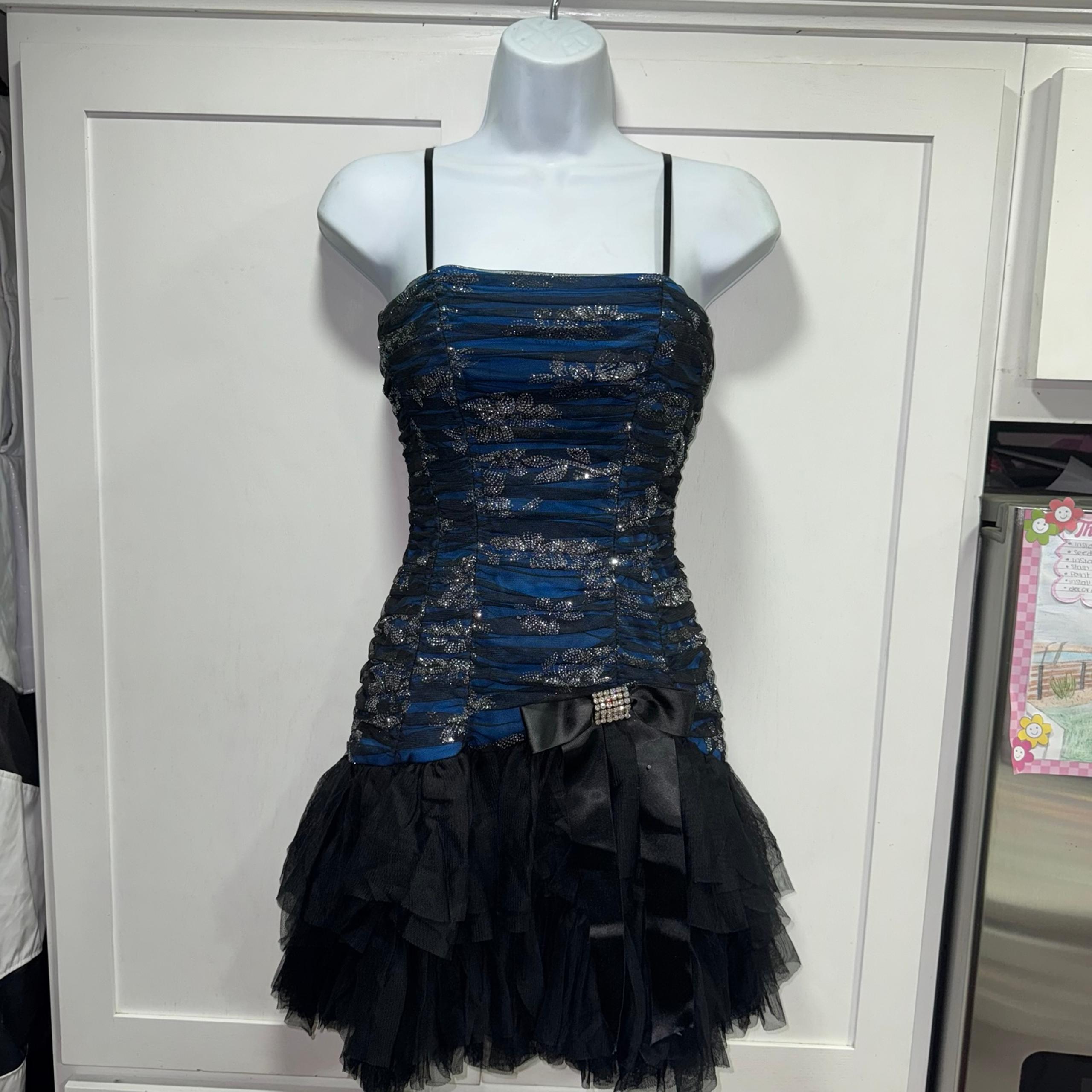 Y2K Blondie Nites Stacy Sklar Black Blue tulle Lace Glitter Dress Hoco Prom 7