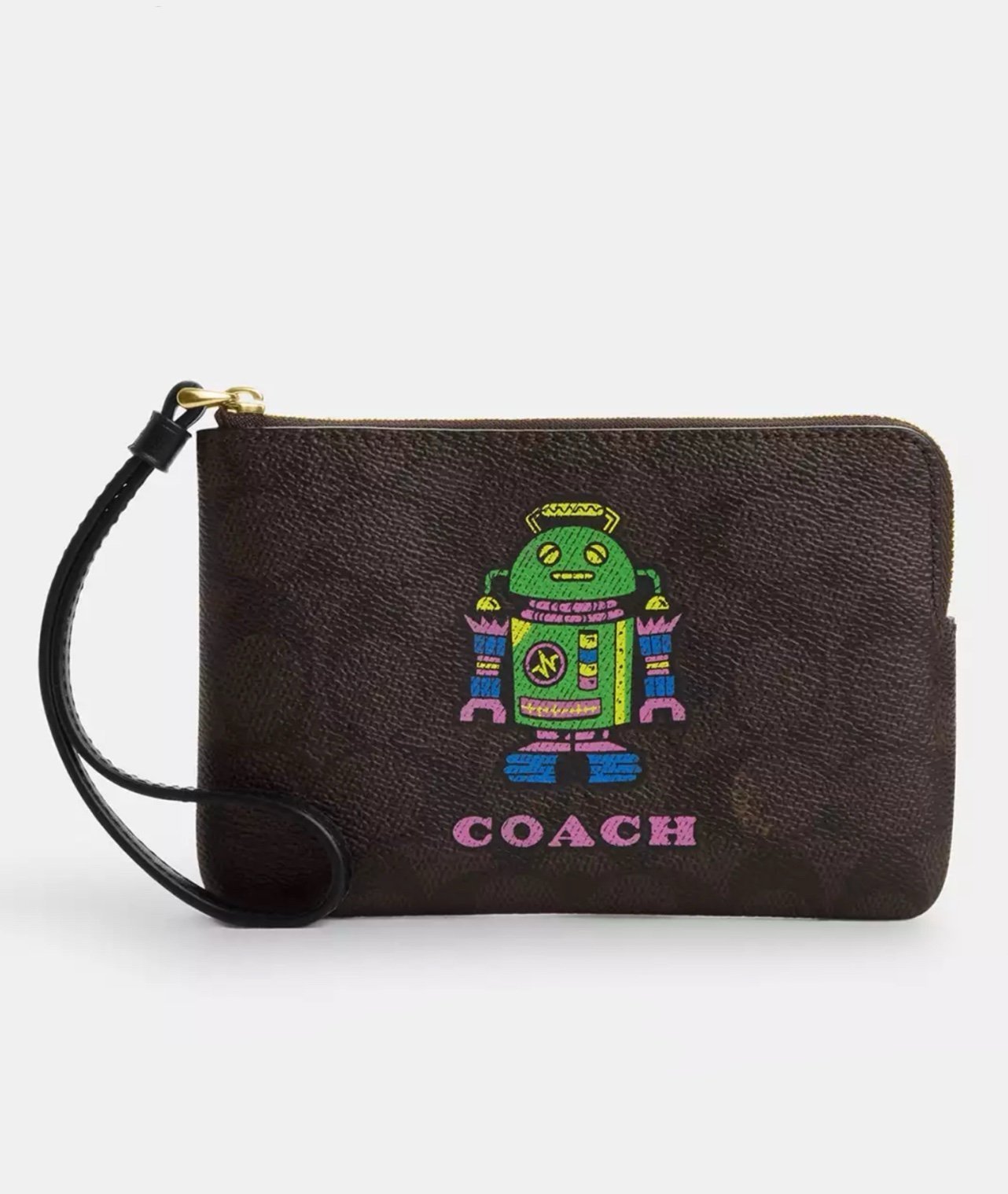 Cosmic Coach Corner Zip Wristlet In Signature Canvas With Robot Gold/Walnut NWT