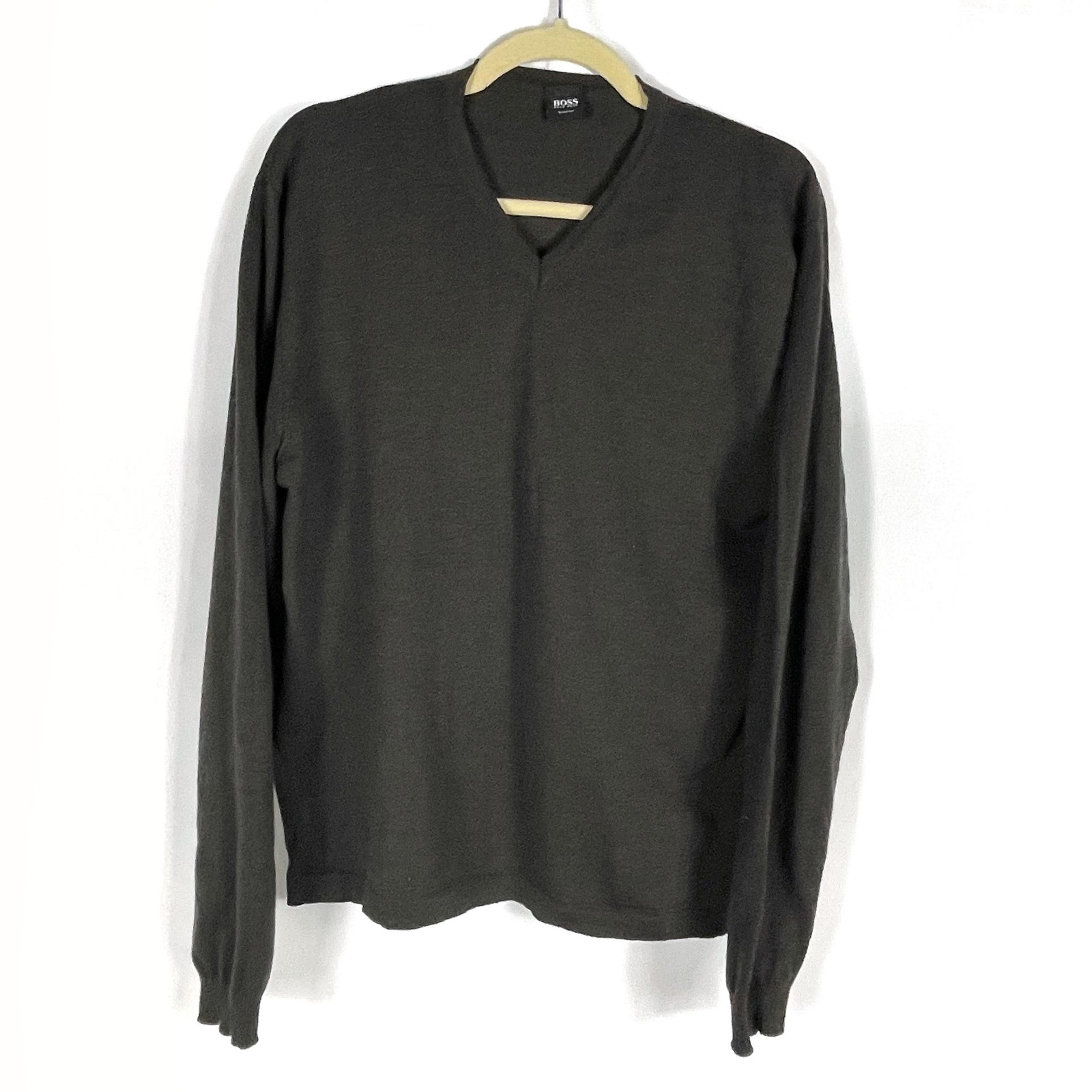 Hugo Boss Brown Sweater Virgin Wool V-Neck Pullover Long Sleeve Sz XL Men