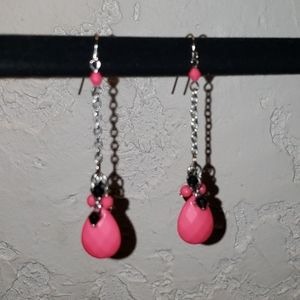 Pink Black Beaded Dangle Earrings