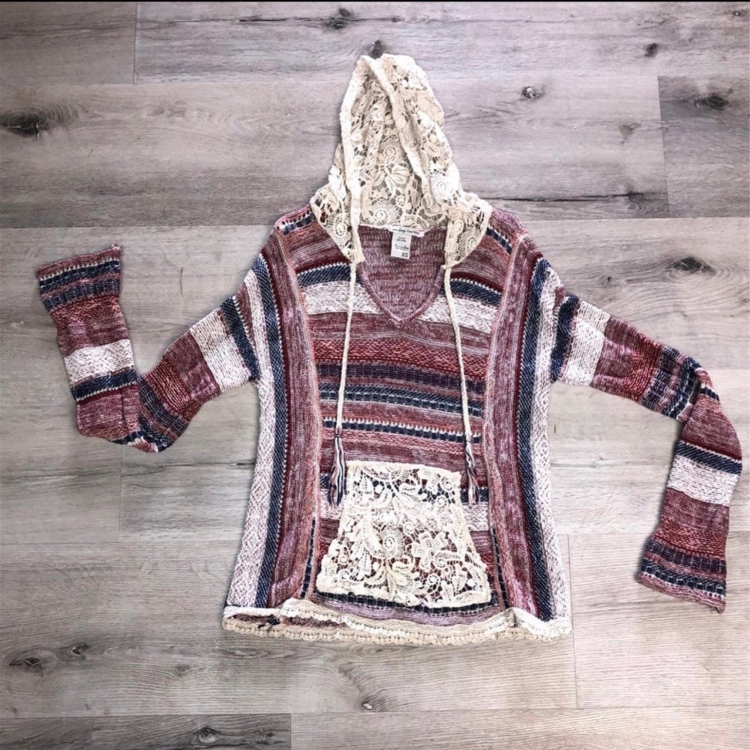 Red White Blue Lace Knit Hooidie Hooded Sweater