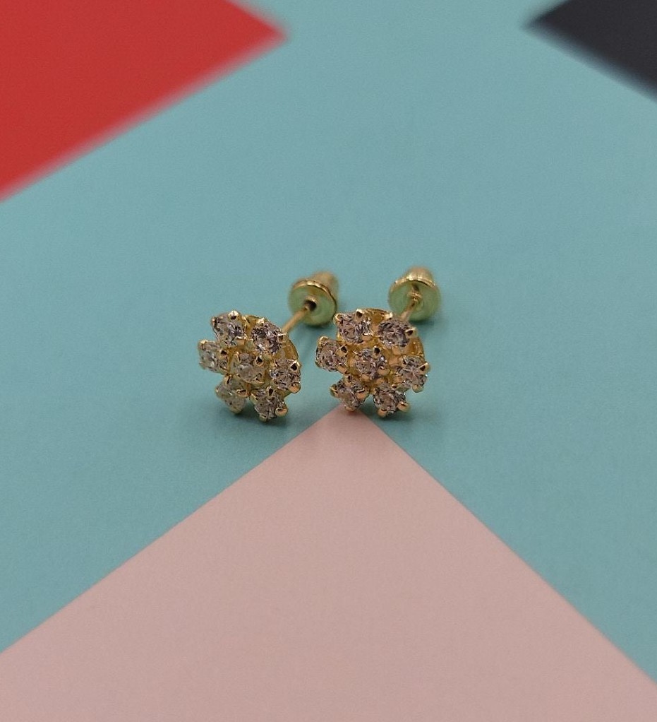 Solid 14k yellow gold CZ flower stud earrings