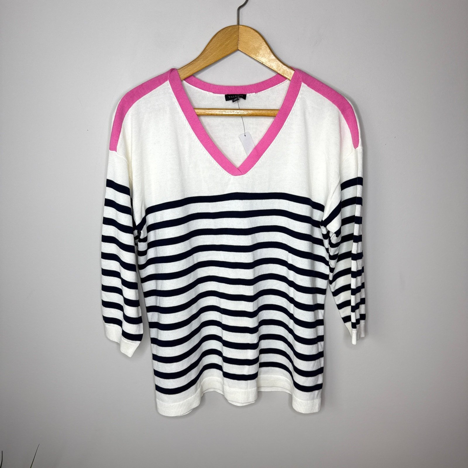 Talbots NEW w/ Tags Large White & Black Striped Sweater & Pink Trim 3/4 Sleeves