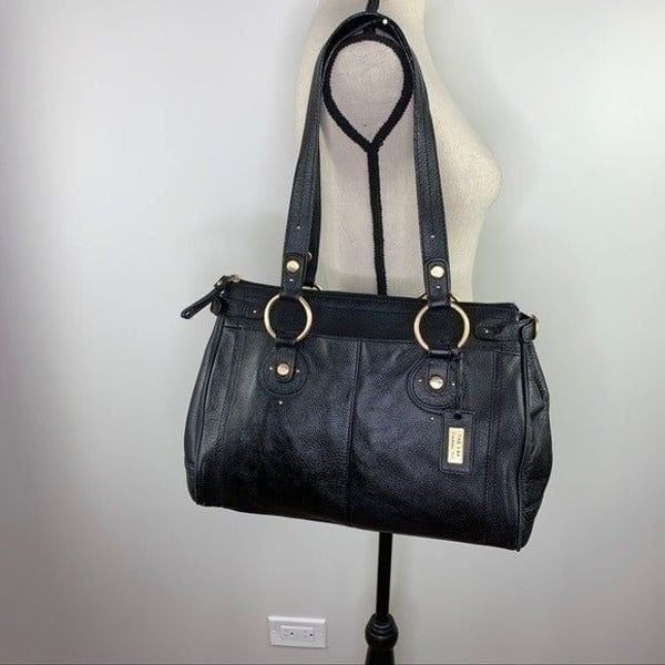 The Sak Pink Label Black Leather Satchel Shoulder Bag Brass Rings Double Strap