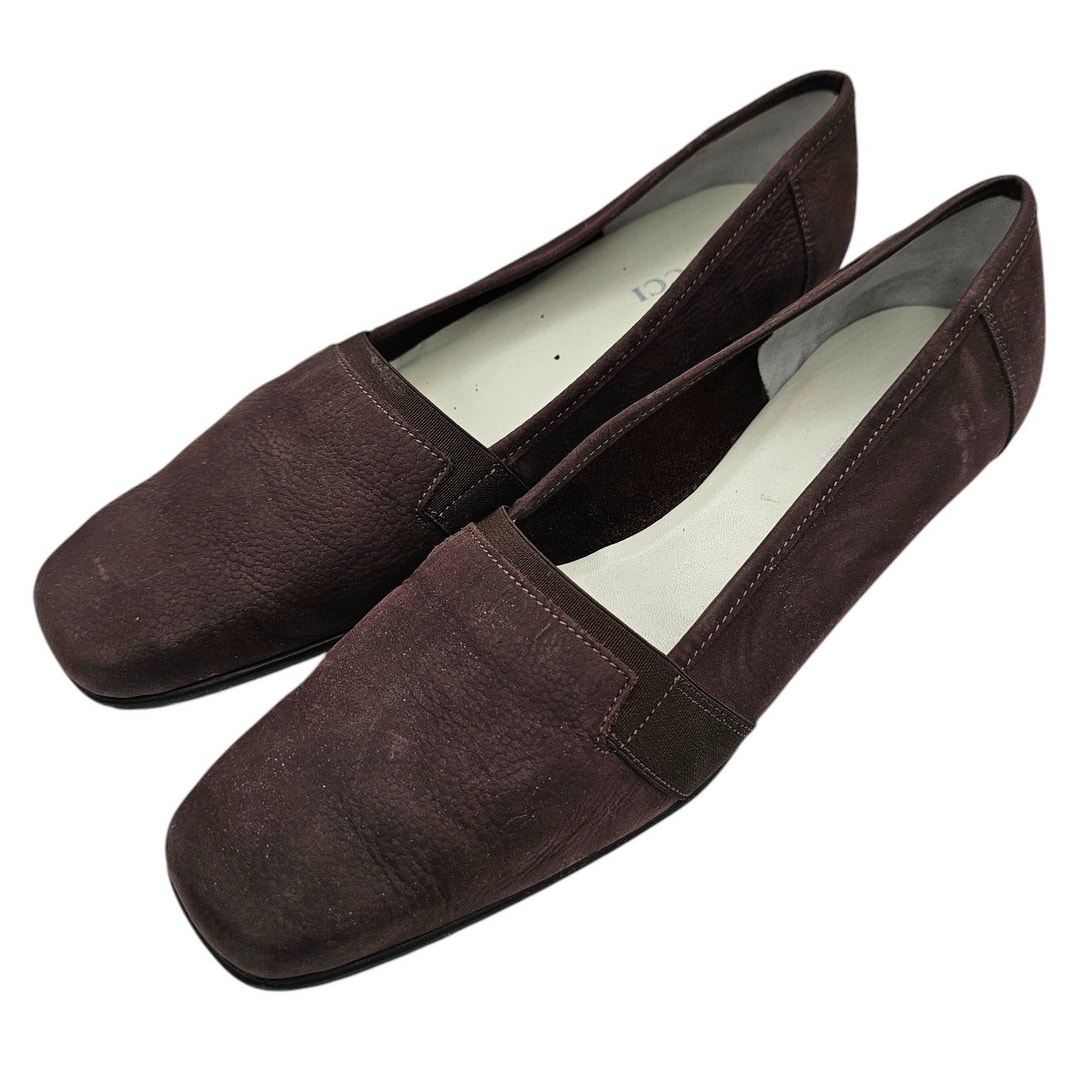 Sesto Meucci Brown Leather Suede Slip On Loafers 1 inch Rubber Sole Heel Sz 9.5