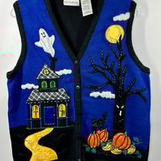 VTG Halloween White Stag Blue Black Knit Sweater Button Up Vest Ghost Pumpkin Lg