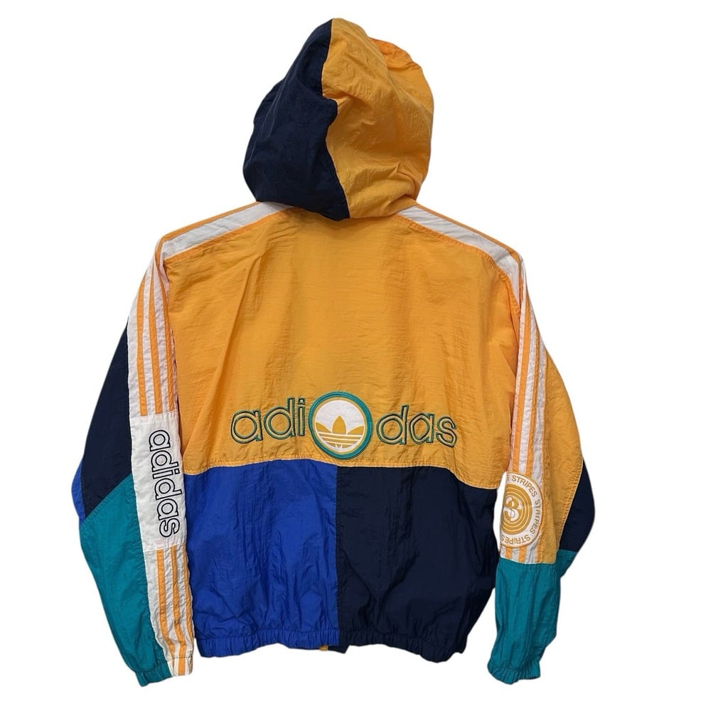 Vtg Adidas Windbreaker Mens Small Colorblock 3Stripe Full Zip Hooded 90s Hip Hop