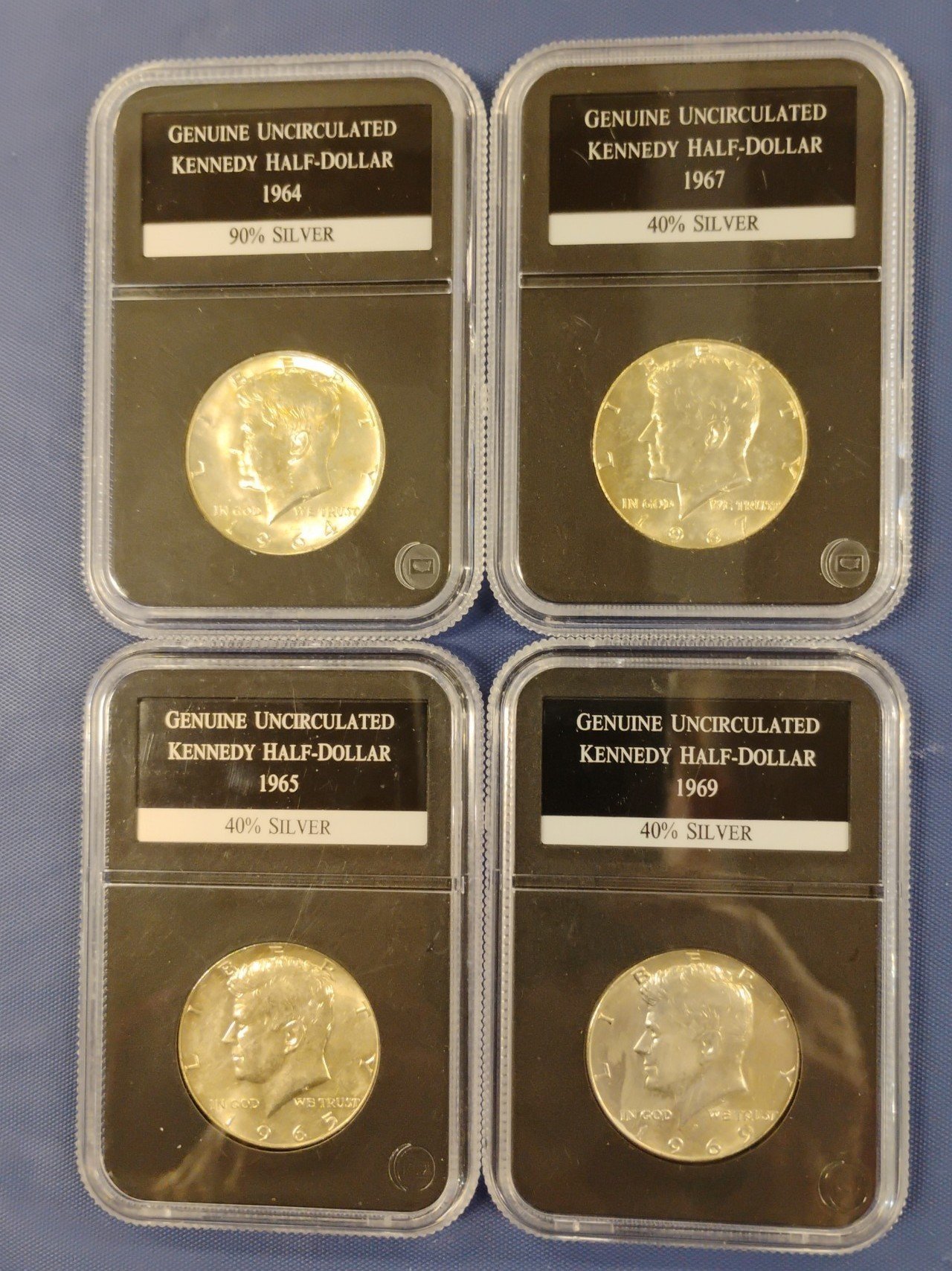 Lot of 4 PCS slabbed Silver Kennedy Half Dollars 90%/40% Uncirculated! 1964 incl