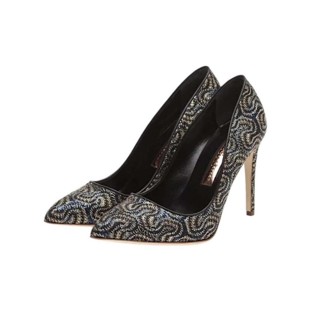 Rupert Sanderson Laira 85 Cloth Navy/Gold Sparkly Metallic Heels,Size 7.5 /EU 38