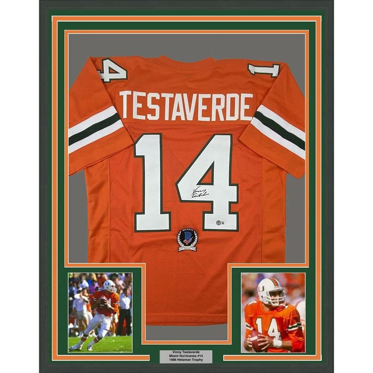 Framed Autographed/Signed Vinny Testaverde 35x39 Miami Orange Jersey Beckett B