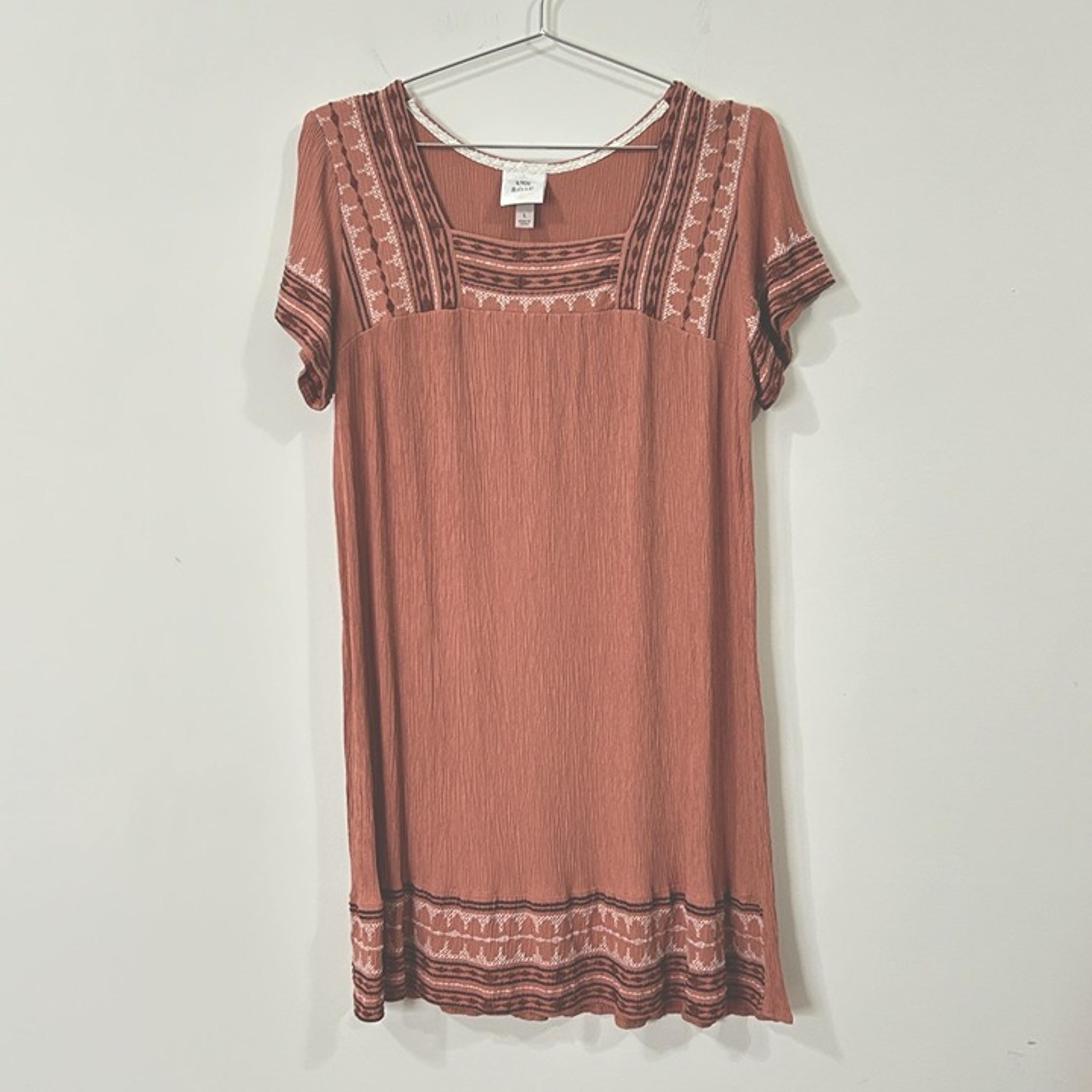 KNOX ROSE Terracotta Cream Mini Dress L Boho Crinkle Rayon Tunic Short Sleeve