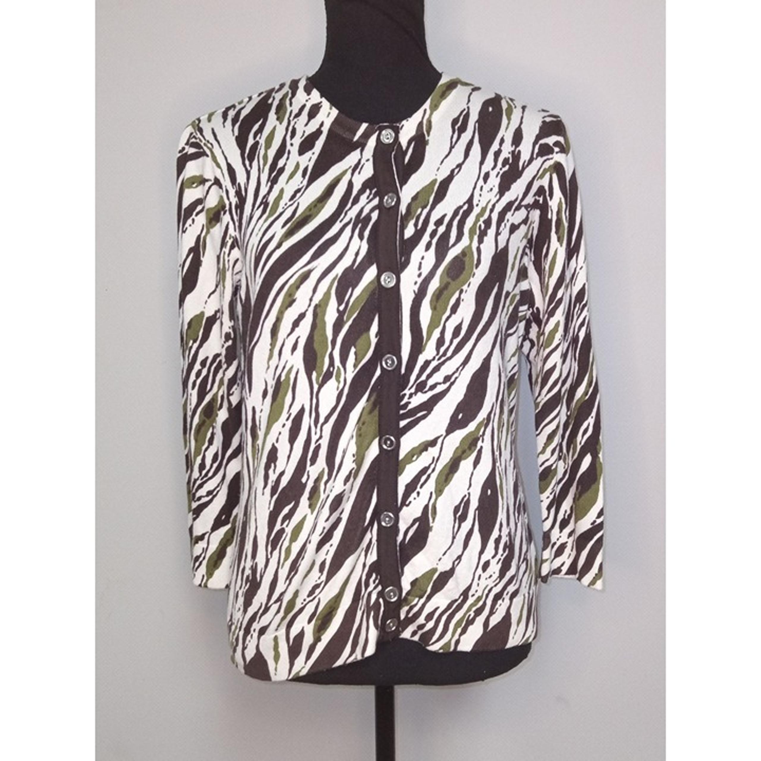Charter Club Women's Green White Zebra Print Cardigan Sweater Size Medium