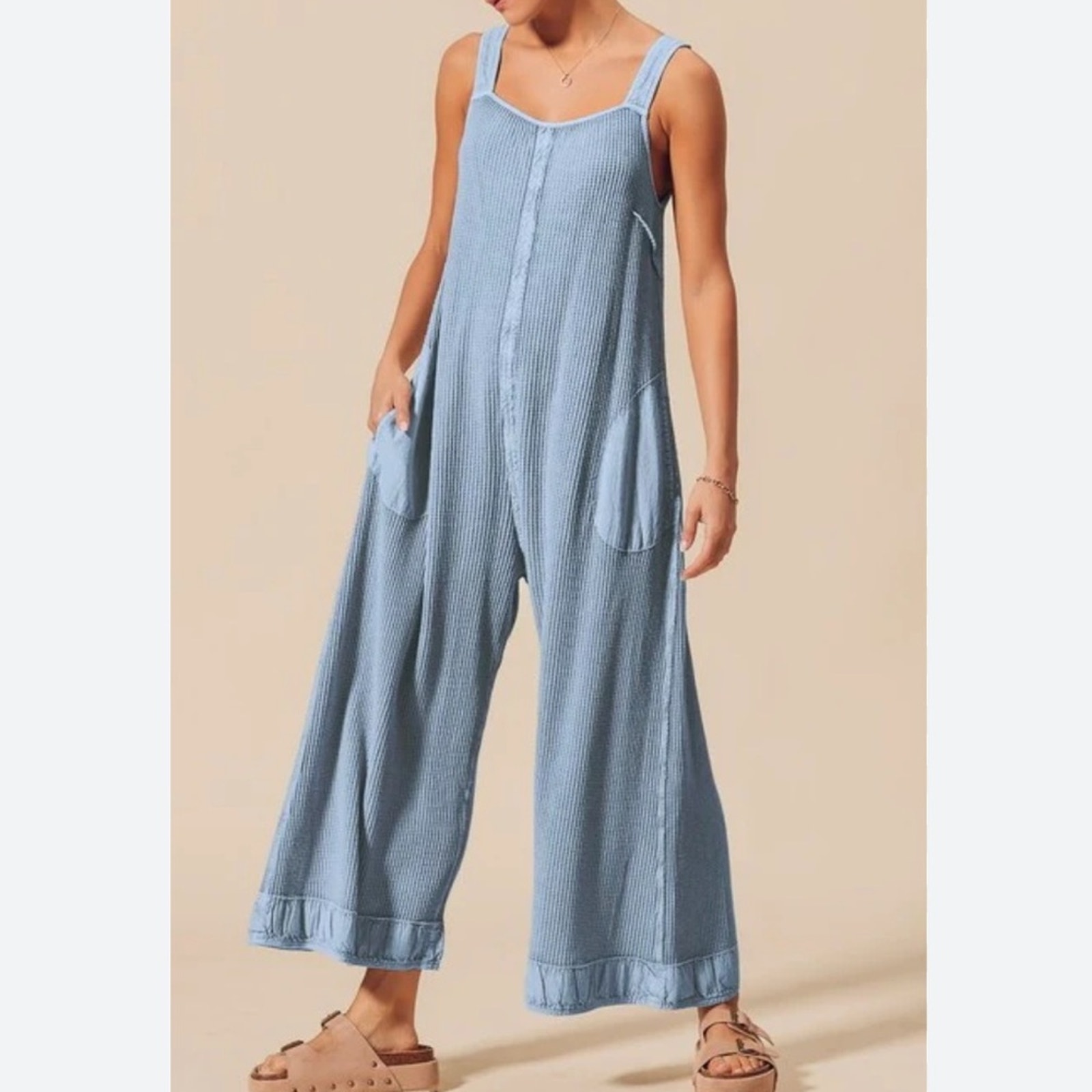 Boutique Mineral Wash Waffle Knit Open Back Jumpsuit