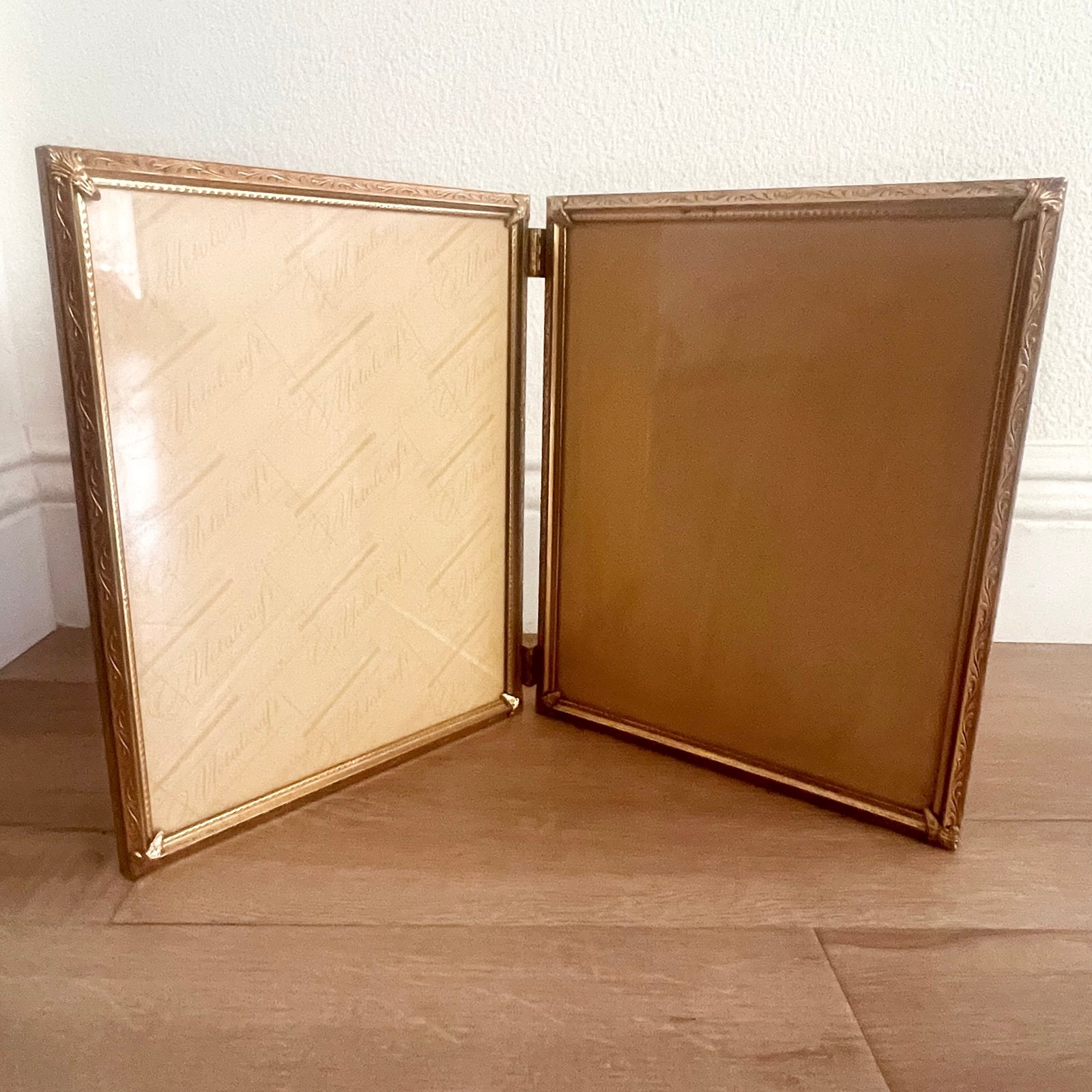 Vintage MCM Bi-Fold Gold Tone Metal Photo Picture Frame Double Hinged 8” x 10”
