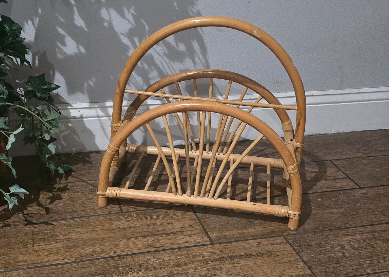 Vintage Rattan Bamboo Magazine Holder Rack 17 x 9 x 16