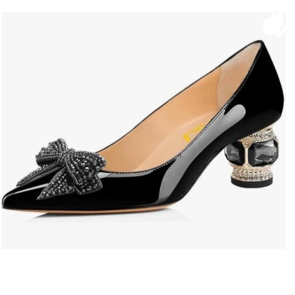 FSJ Black Pointed Toe Crystal Pump Rhinestone Bow Block Low Heel Slip On Shoes