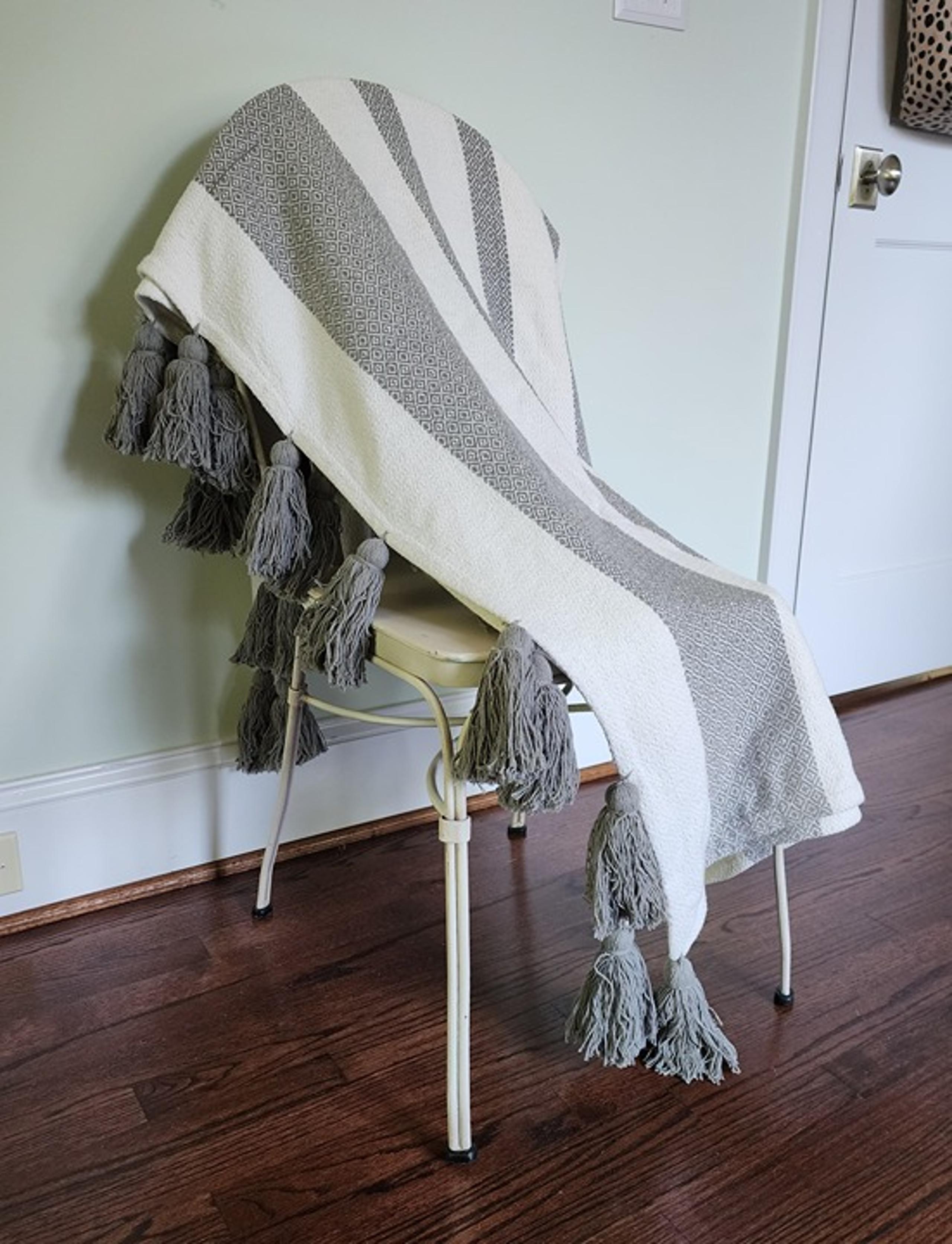 Mud Pie Gray & White Tassled Throw Blanket, 50" x 60.5"