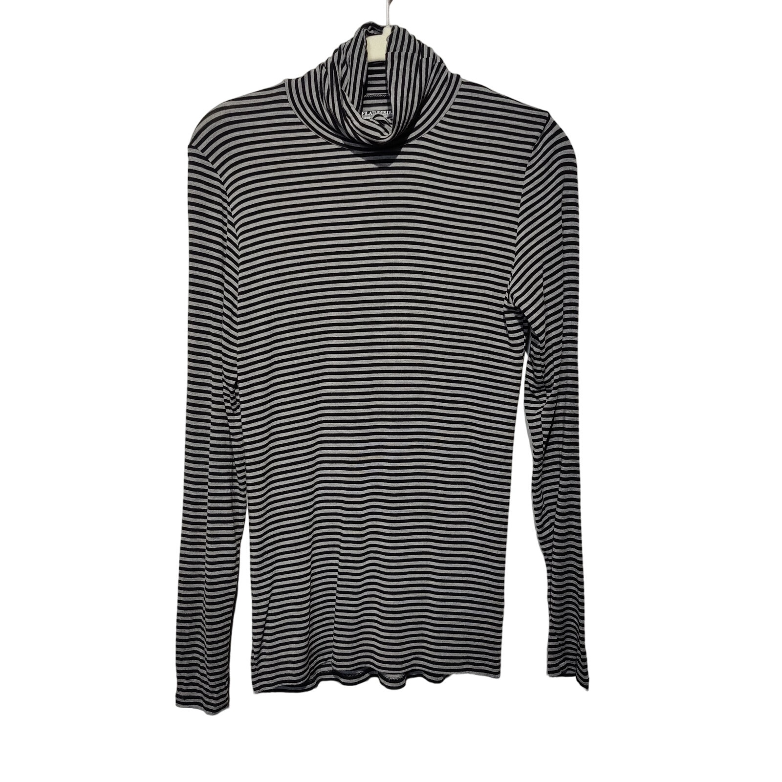 Majestic Filatures Sz S Black Grey Stripe Turtleneck Deluxe Tee Shirt Extrafine