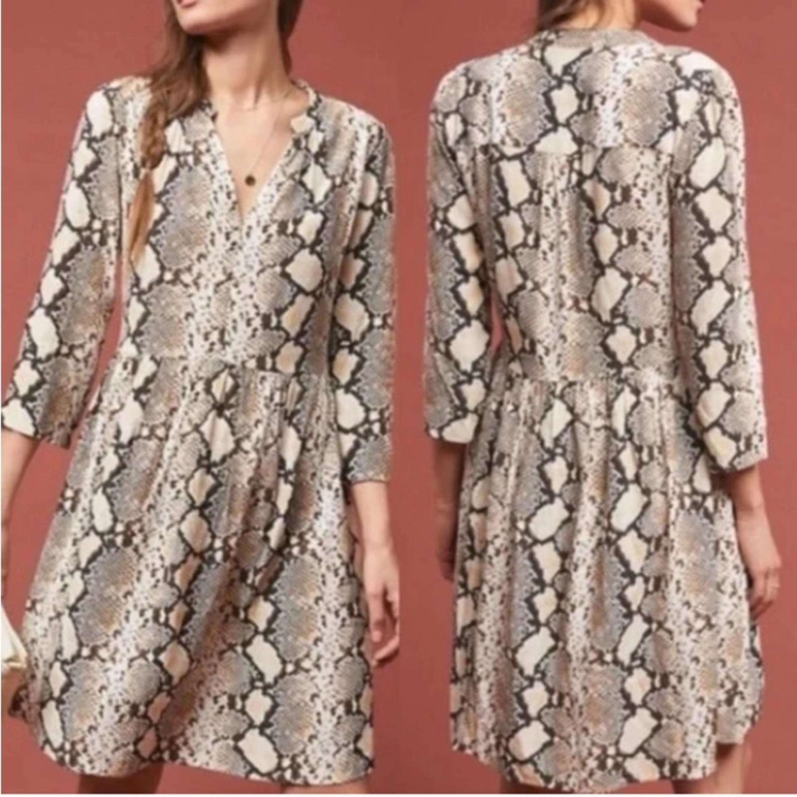 Anthropologie Maeve Juno Snake Print Dress Brown White Vneck Knee Length S