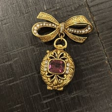 Victorian Brooch Dangle Fashion Pin Bow Pearl Amethyst Floral Locket Opens