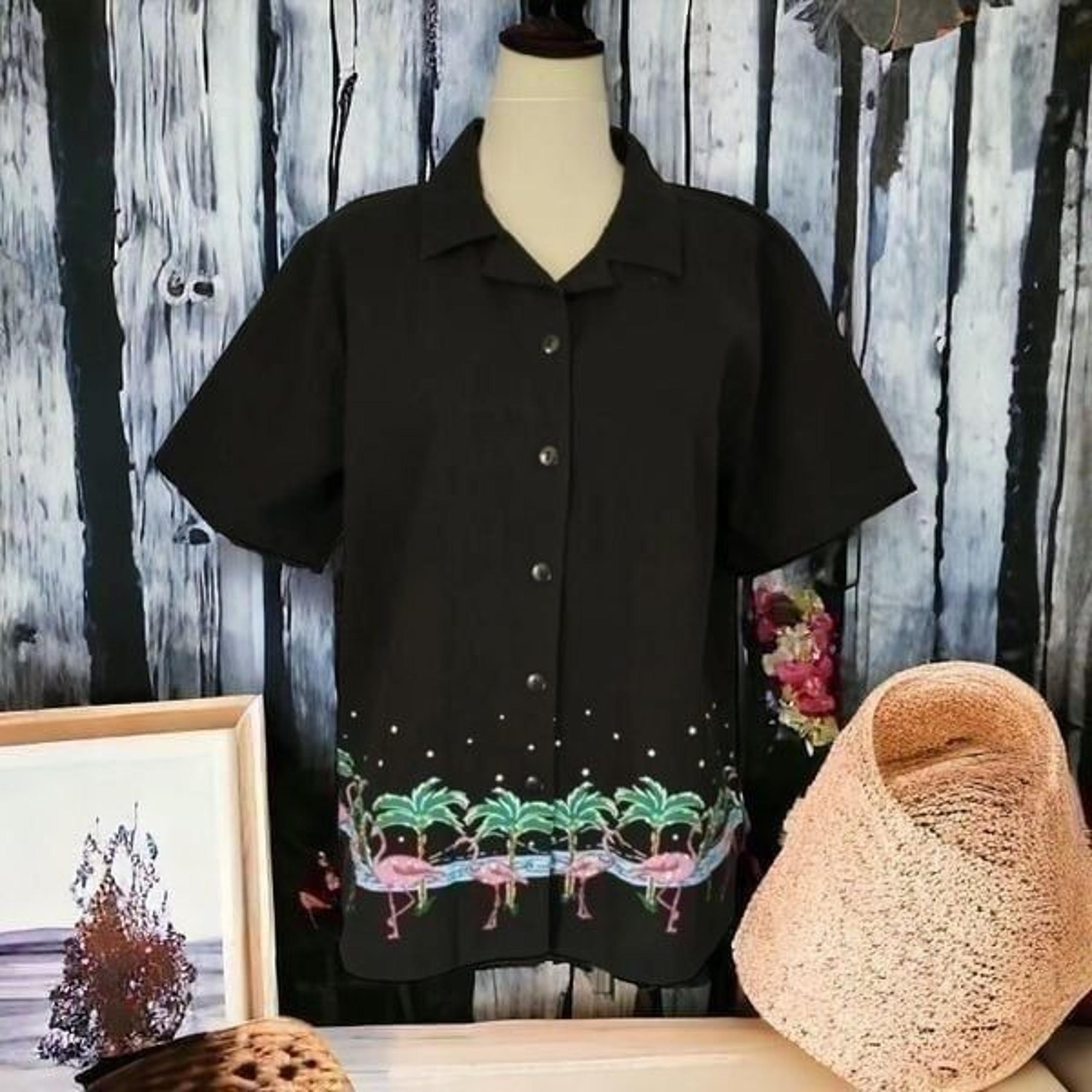Jane Ashley Button Front Shirt Flamingos Sequins Tropical Art To Wear Vintage