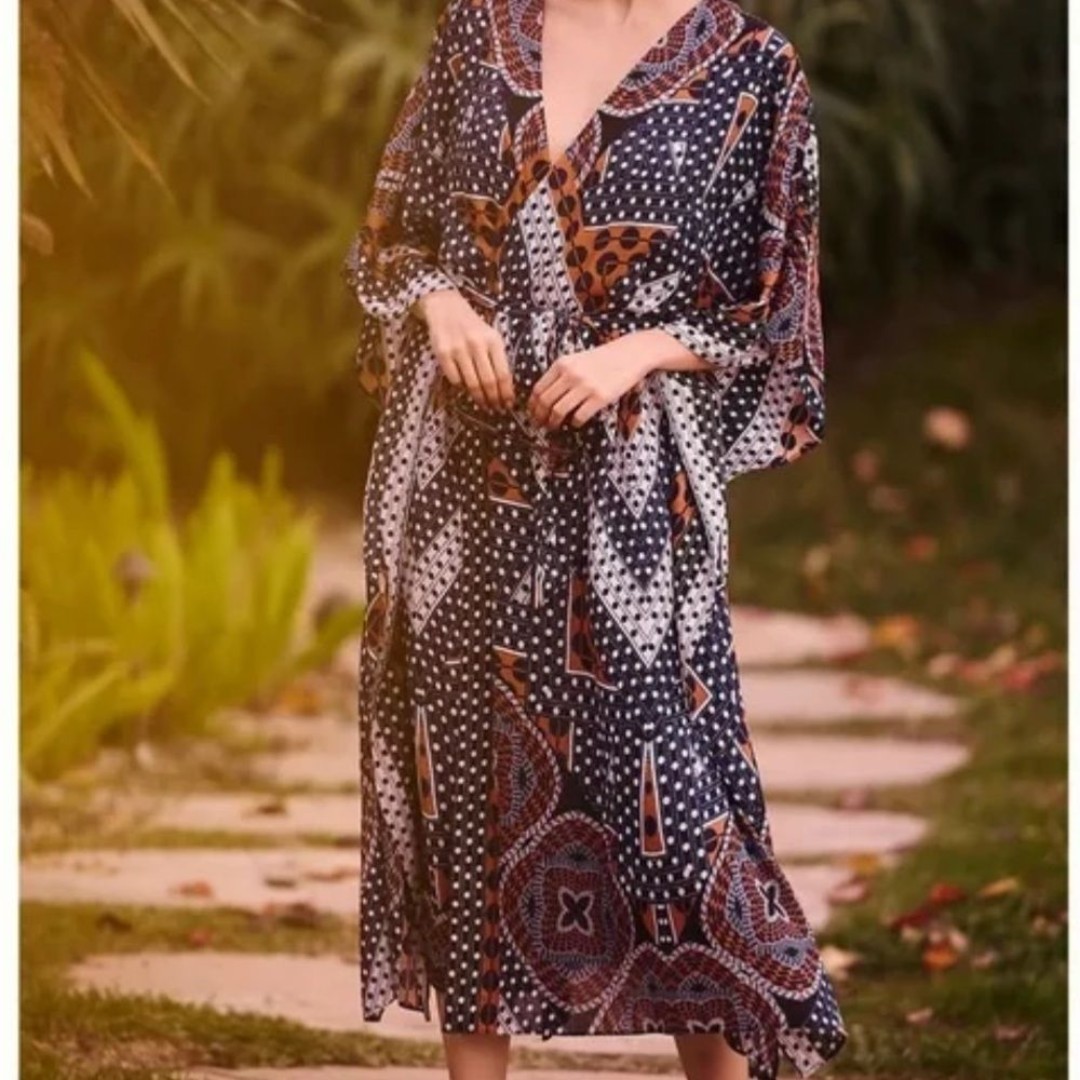 By Anthropologie Batwing Boho Long Maxi Dress Robe or Cover Up w Ribbon Geo XS/S