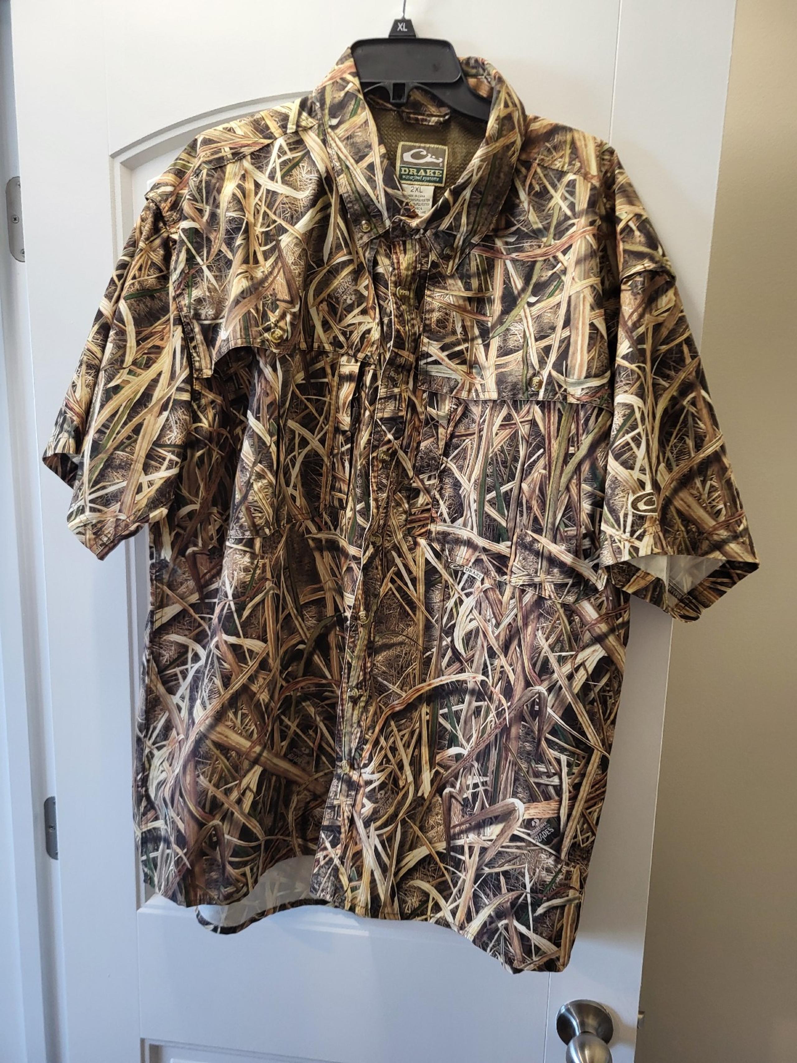 Drake Waterfowl Shirt Mens 2XL Camo Short Sleeve Button Down Shadow Grass Blades